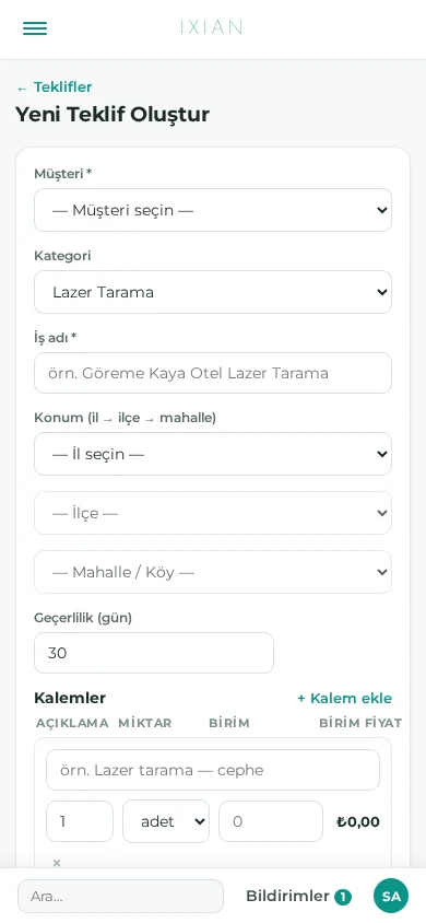 IXIAN telefon görünümü — yeni teklif oluşturma